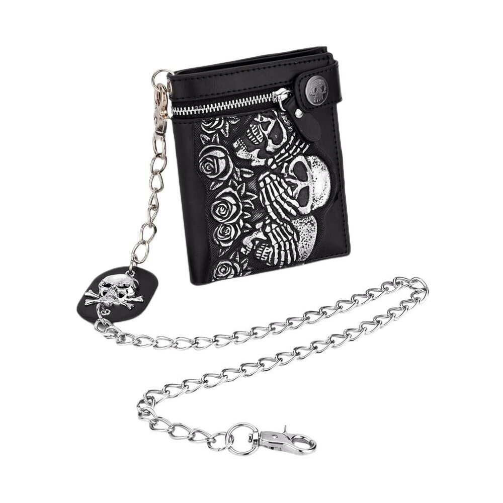 3387 Goth Chain Wallet Skull Biker Wallet Billfold Punk Skeleton Leather